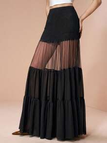 Arave Women's Chiffon Fabric With Safety Shorts, Multi-Layer Patchwork Maxi Skirt, Elegant For Party, Date - Black - View 8