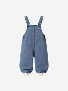 Genkimix Kids 女婴复古可爱风牛仔背带裤，应季款，中蓝色牛仔布，3D蝴蝶结装饰，粉色爱心刺绣图案，宽松直筒裤型，面料柔软舒适，适合上学、通勤，时尚百搭的户外穿着。 - 中等水洗藍 - 查看 3