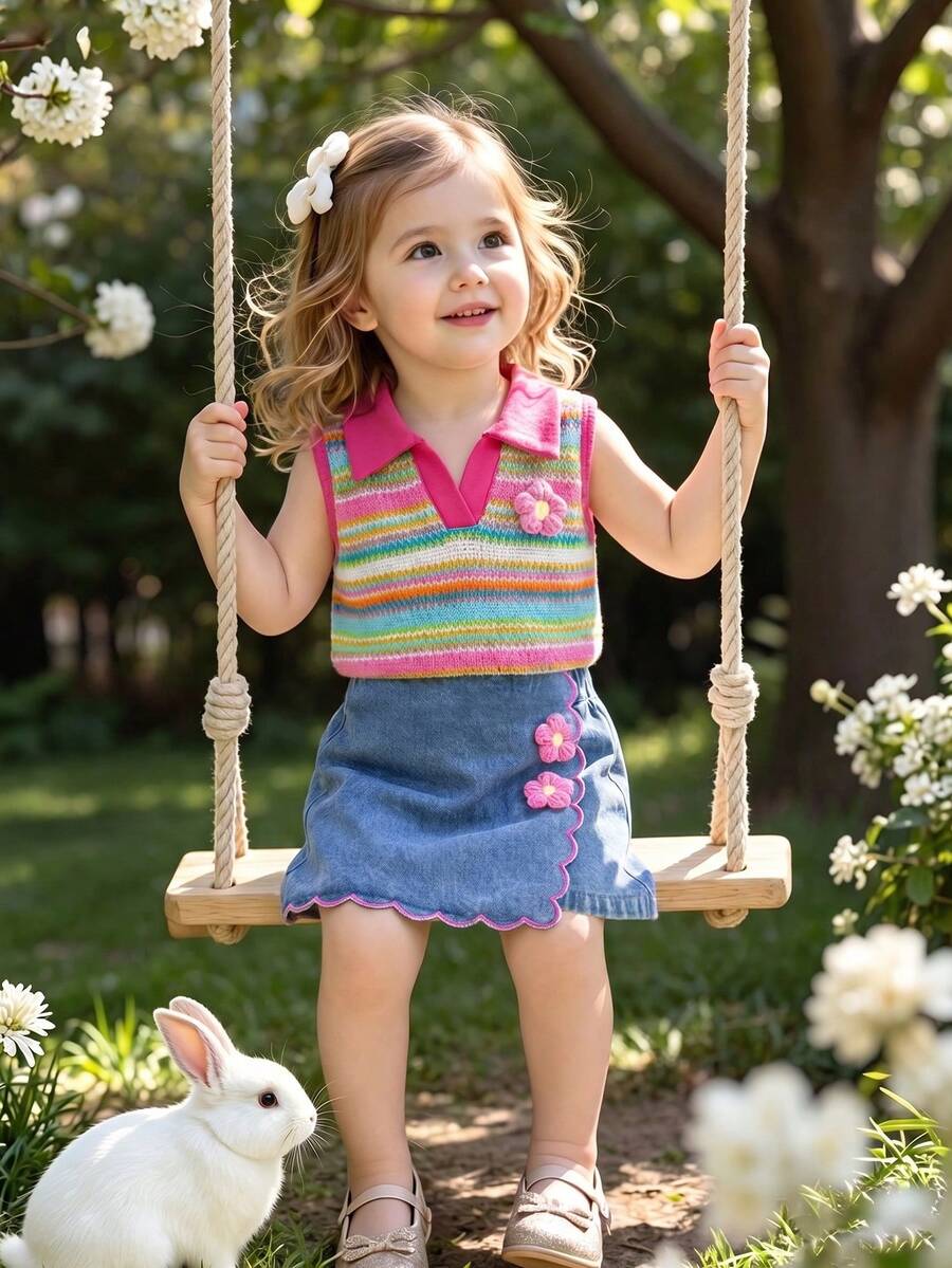 SHEIN Playful Pals 女婴贴花撞色条纹图案夏季背心和牛仔短裙,荷叶边刺绣樱桃图案复古可爱沙滩度假套装 - 彩色 - 查看 1