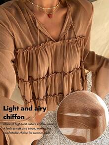 DAZY Women's Round Neck Ruffle Hem Flowy French A-Line Blouse Long Sleeve Fall Vacation - Brown - View 1