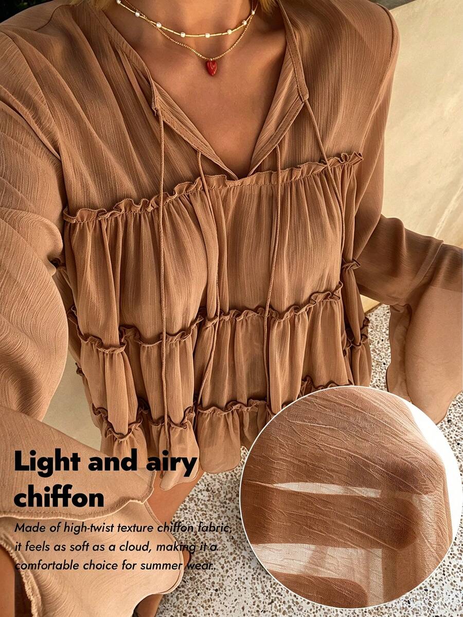 DAZY Women's Round Neck Ruffle Hem Flowy French A-Line Blouse Long Sleeve Fall Vacation - Brown - View 1