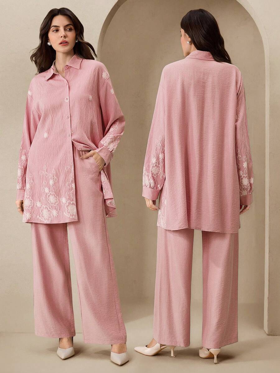 Graceveil 复古领泡泡印花休闲宽松长袖上衣和阔腿裤两件套女装 - 粉色 - 查看 1
