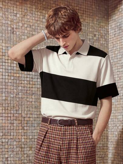 Manfinity Áo polo nam kẻ sọc cổ bẻ, thích hợp mặc ở nhà và ngoài trời.
