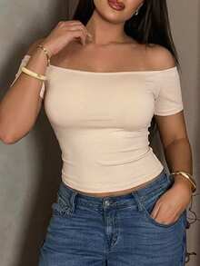 Dazy Plus 彈性修身前拉鍊休閒運動短版短袖T恤，大尺碼女款，春夏外出上衣 - 米色 - 查看 5