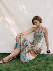 Airaco Women's Allover Print Halter Neck Casual Dress For Party & Outing - Blue - View 9