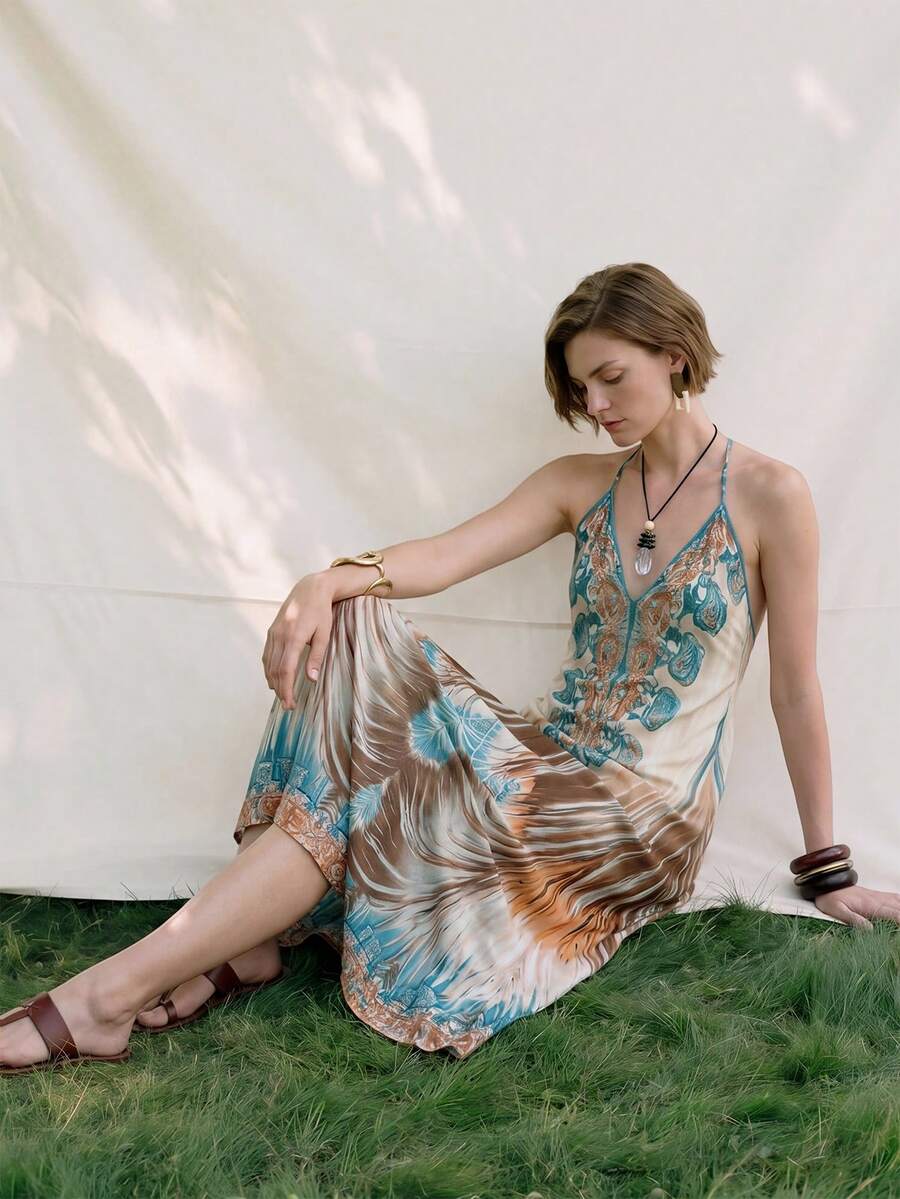 Airaco Vestido casual de mujer con estampado total y cuello de halter para fiestas y salidas - Azul - Ver 1