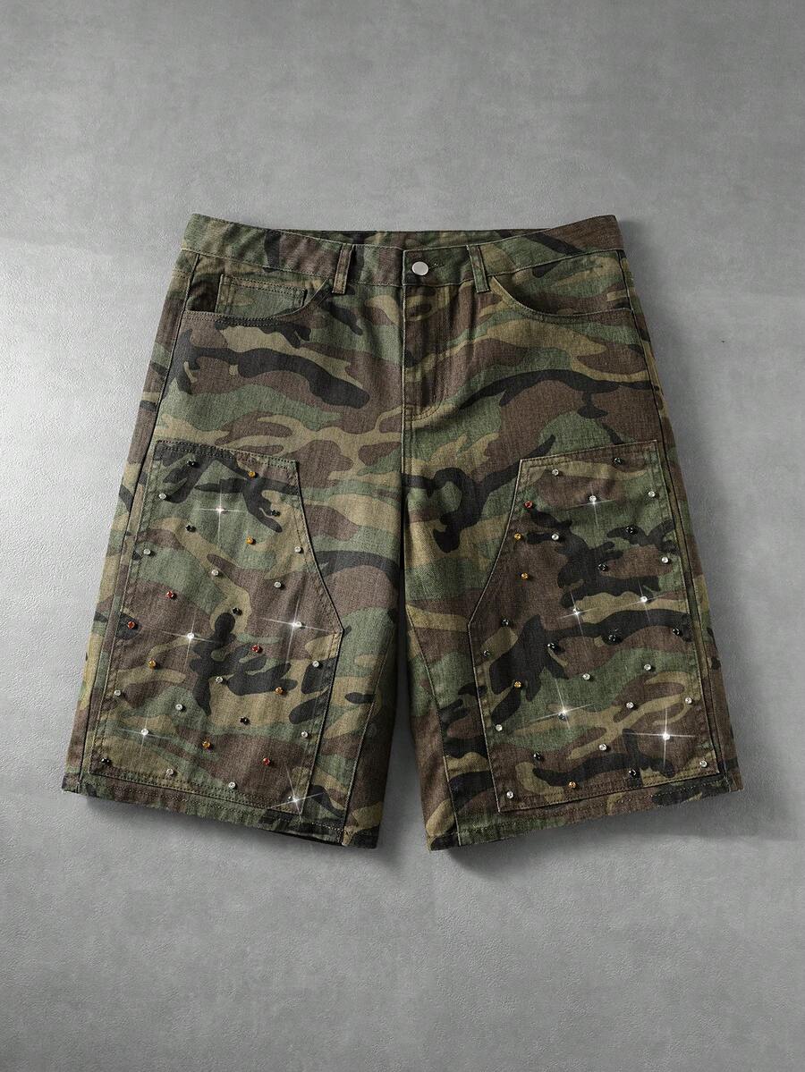 ROMWE MEN Washed Loose Casual Beaded Camo Shorts For Men - Army Green - View 1