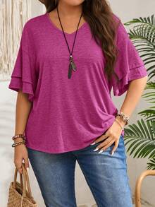 Rosumi Plus Size Women Solid Color Casual Versatile Daily Wear T-Shirt - Hot Pink - View 2