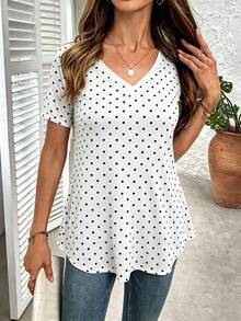 EMERY ROSE Plus Size Women's V Neck T-Shirt,Spring/Summer Polka Dot Pattern Short Sleeve T-Shirt, For Summer Holiday Traditional - Multicolor - View 1