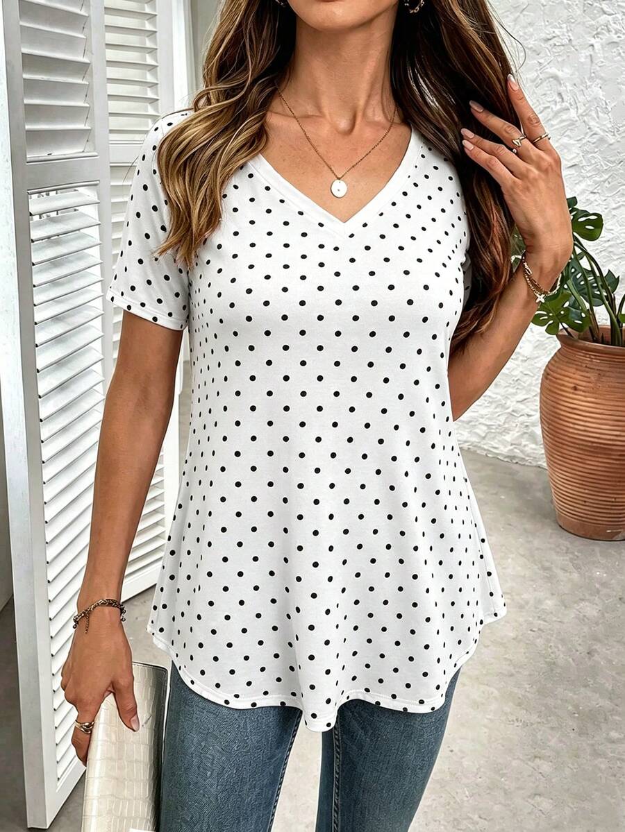 EMERY ROSE Plus Size Women's V Neck T-Shirt,Spring/Summer Polka Dot Pattern Short Sleeve T-Shirt, For Summer Holiday Traditional - Multicolor - View 1