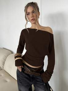 SHEIN BAE Women's Solid Color Ruched Asymmetric Collar Long Sleeve Top - Coffee Brown - View 7