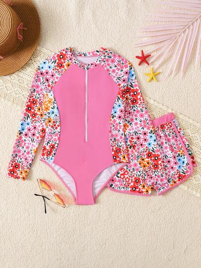 SHEIN 适合夏季海滩穿着的少女插肩袖印花连体泳衣