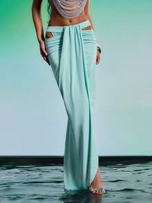 Barévion Women's Solid Color Fashionable Design Long Skirt, Beach Dusty Blue Sexy - Cadet Blue - View 2