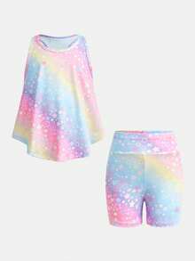 SHEIN 年轻女孩休闲日常时尚明星扎染印花运动服套装 - 彩色 - 查看 9