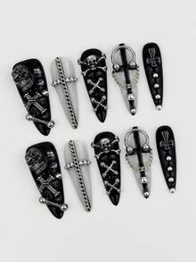 ROMWE 10 Pieces Of Gothic Diablo False Nails-Wearing Skull Cross Chain Rivet Fake False Nails Pieces And A Piece Of Double-Sided Tape - Black - View 2