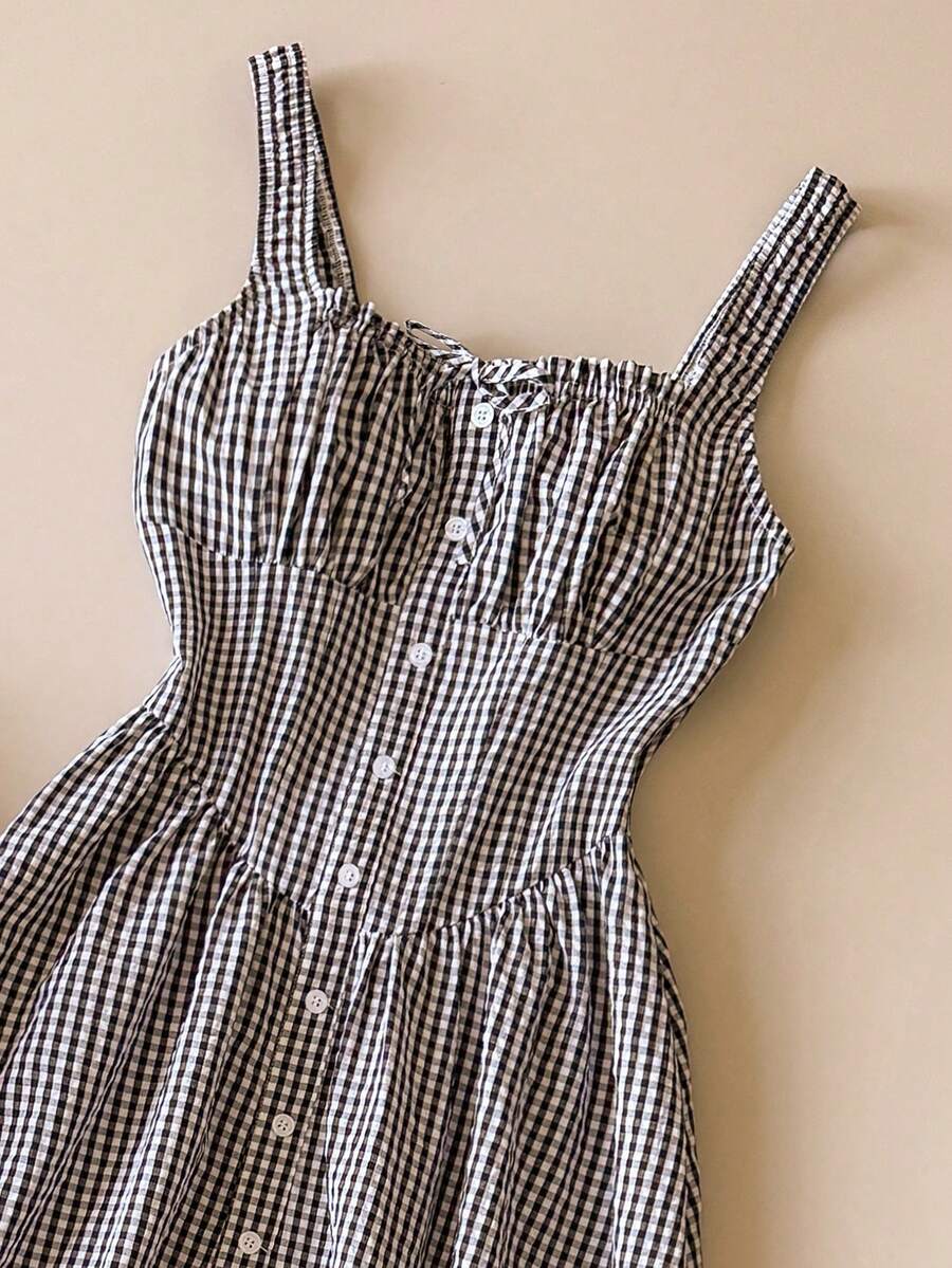 Muvela Women's Plaid Ruched Casual Party Long Strap Dress - Black - View 1