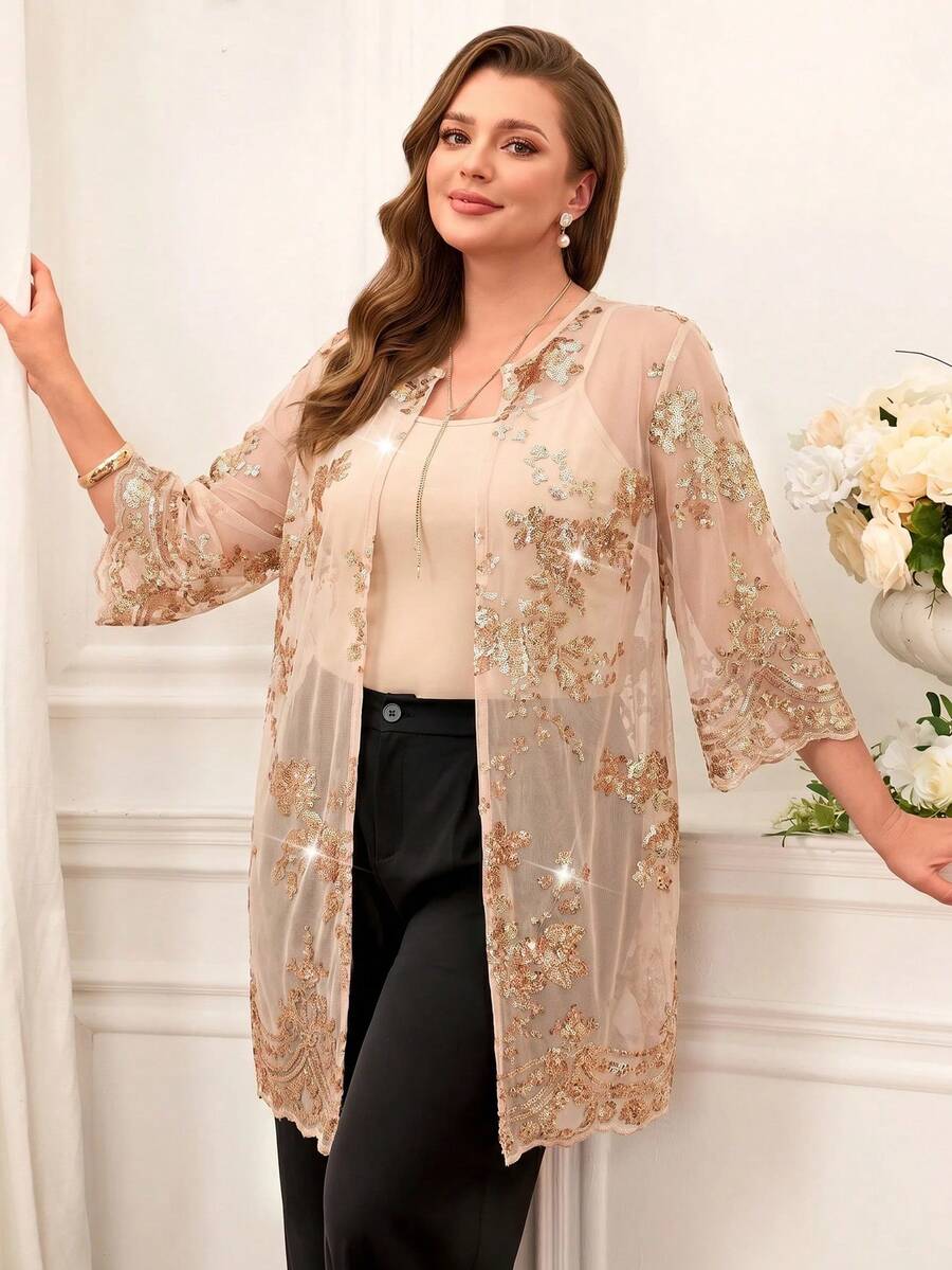 Miaspire Plus Size Elegant Gothic Formal Mesh Floral Embroidered Front Cardigan, Summer Wedding Evening Cocktail Red - Apricot - View 1