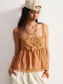 Bohemela Áo camisole nữ dệt họa tiết phối ren, kiểu dáng thường ngày. - trái cam - Xem 8