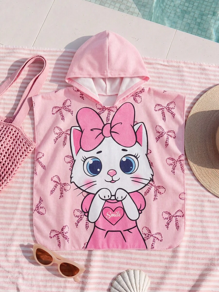 SHEIN Áo khoác trùm đầu họa tiết động vật dễ thương cho bé gái, phù hợp cho kỳ nghỉ, đi biển - Hồng - Xem 1