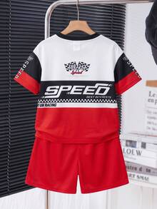 SHEIN Conjunto de 2 peças para meninos, casual, moderno, clássico, esportivo, com estampa gráfica de texto, gola redonda e manga curta, ideal para primavera/verão. Perfeito para a primavera/verão. - Vermelho - Ver 5