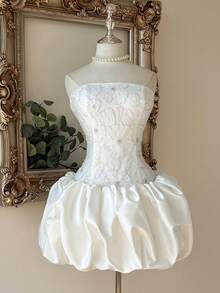 Lovelzi Elegant White Beaded Embroidery Strapless Mermaid Hem Luxurious Mini Dress For Bridal Shower Graduation Wedding Formal Party - White - View 3