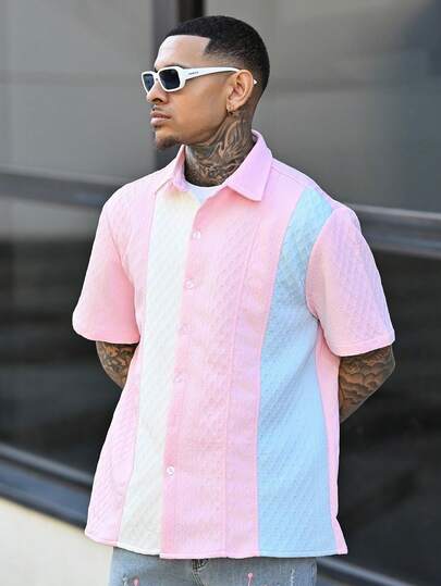 Devon Thys 男士休闲撞色纹理短袖衬衫，夏季