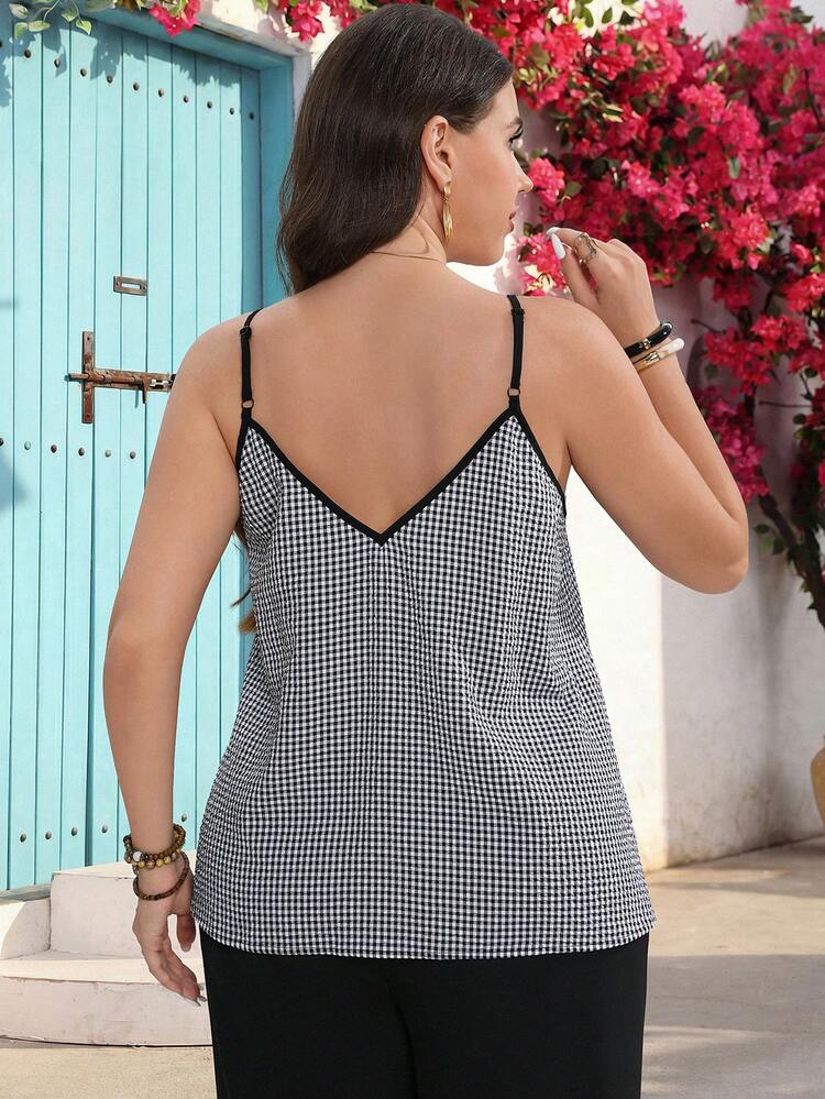Plus Size Women Summer Casual Vacation Elegant Lace Patchwork Black Trim Plaid Camisole Top