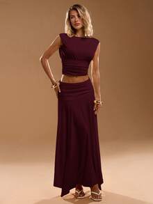 SHEIN BAE Women's Solid Color Minimalist Daily Sleeveless Top And Skirt Set - Burgundy - View 4
