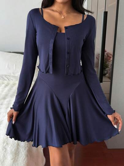 Livesso Women's Sleeveless Dress And Long Sleeve Top Pajama Set