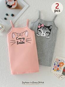 SHEIN Bộ váy 2 món cho bé gái, phong cách thường ngày, thoải mái, mềm mại, dễ thương, in hình mèo, không tay - Nhiều màu - Xem 5