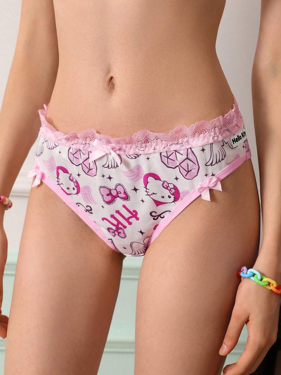 Chillnights HELLO KITTY AND FRIENDS | SHEIN Cute & Sweet Contrast Color Lace Patchwork Bow Coquette Doll Style Women's Thong Panties - White - View 1