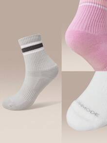 GLOWMODE 3 Pasang Kaos Kaki Katun Bergaris Vintage Lembut, Berventilasi, Berbahan Jala dengan Logo Jacquard, Cocok untuk Olahraga, Sehari-hari, dan Kasual, Musim Semi dan Musim Panas - White+Light Grey+Pink Frosting - View 7