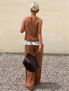 Livesso Women's 2pcs Set Round Neck Sleeveless Patchwork Top And Casual Minimalist Long Pants Vacation Shades Of Dark Brown Summer Brunch - Brown - View 2