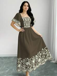Modelyn Đầm ngắn tay cổ vuông in hoa, đầm midi mùa hè thắt eo, đầm màu vàng nhạt họa tiết hoa. - Nhiều màu - Xem 4