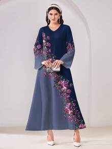 Al Najma Đầm phong cách Ả Rập cổ chữ V tay dài họa tiết hoa tối giản kín đáo thường ngày - Nhiều màu - Xem 3