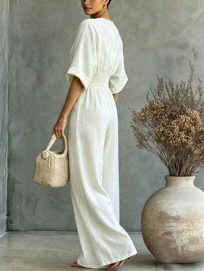 EMERY ROSE Women's Solid Color Crossed V-Neck Batwing Sleeve Wide Leg Casual Jumpsuit