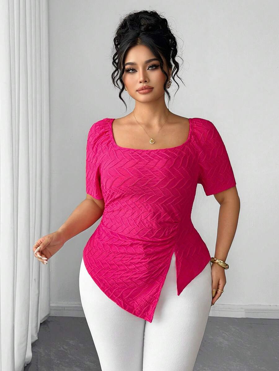 Elenzga Plus Size Women's Fashionable Elegant Square Neck Short Sleeve Cinched Waist Casual Pink T-Shirt - Hot Pink - View 1