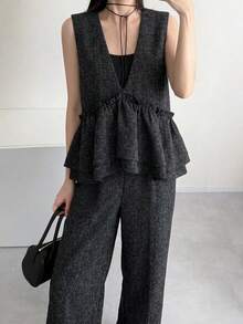 FRIFUL V领叠层无袖连体裤，优雅的中老年女性夏季服装 - 黑色 - 查看 8