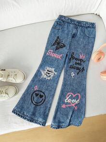 SHEIN 女童针织修身休闲喇叭裤 - 藍色 - 查看 3
