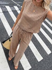 SHEIN Tall CURVE Plus Size Women French Summer Vacation Casual Brown Striped Linen Contrast Trim Camisole Top And Pants 2 Pieces Set - Brown - View 5