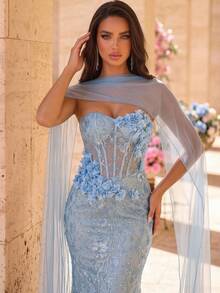 Glamrae Đầm quây màu xanh dương thanh lịch, lãng mạn, thời trang, trang nhã với chất liệu vải thêu, điểm xuyết hoa 3D thủ công, phần thân trên có gọng, chân váy đuôi cá, phù hợp cho các bữa tiệc sang trọng, trang phục dự đám cưới, tiệc độc thân, tiệc tối trang trọng. - Màu xanh lam - Xem 8