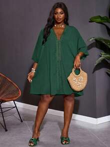 SHEIN CURVE+ Curve Size US22 音樂節海邊波希米亞風女款純色對比蕾絲蝙蝠袖洋裝泳裝罩衫 夏季熱帶海灘 - 墨綠色 - 查看 7