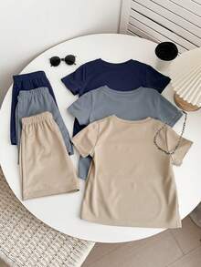 6件套儿童夏季服装，男童舒适休闲金属项链装饰圆领短袖T恤上衣，短裤2件套，高性价比套装，适合户外玩耍、街拍、派对、居家休闲等场合。 - 彩色 - 查看 2