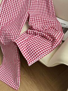 Pantalones rectos y de pierna ancha con lazo y encaje a la cintura, de estilo casual y a rayas para mujer - Rojo - Ver 6