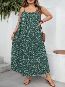 SHEIN CURVE+ 曲线款 US22 码音乐节、海滨度假、波西米亚碎花休闲度假吊带裙 曲线连衣裙 夏季吊带裙 女士 - 墨綠色 - 查看 4