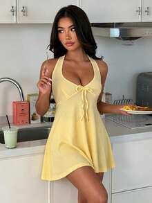 ZzzCrew Áo ngủ dệt kim jacquard thắt cổ kiểu dáng thường ngày dành cho nữ - Màu vàng - Xem 3