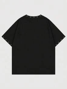 ROMWE MEN Camiseta holgada para hombre con decoración de remaches e impresión de retrato abstracto - Negro - Ver 4