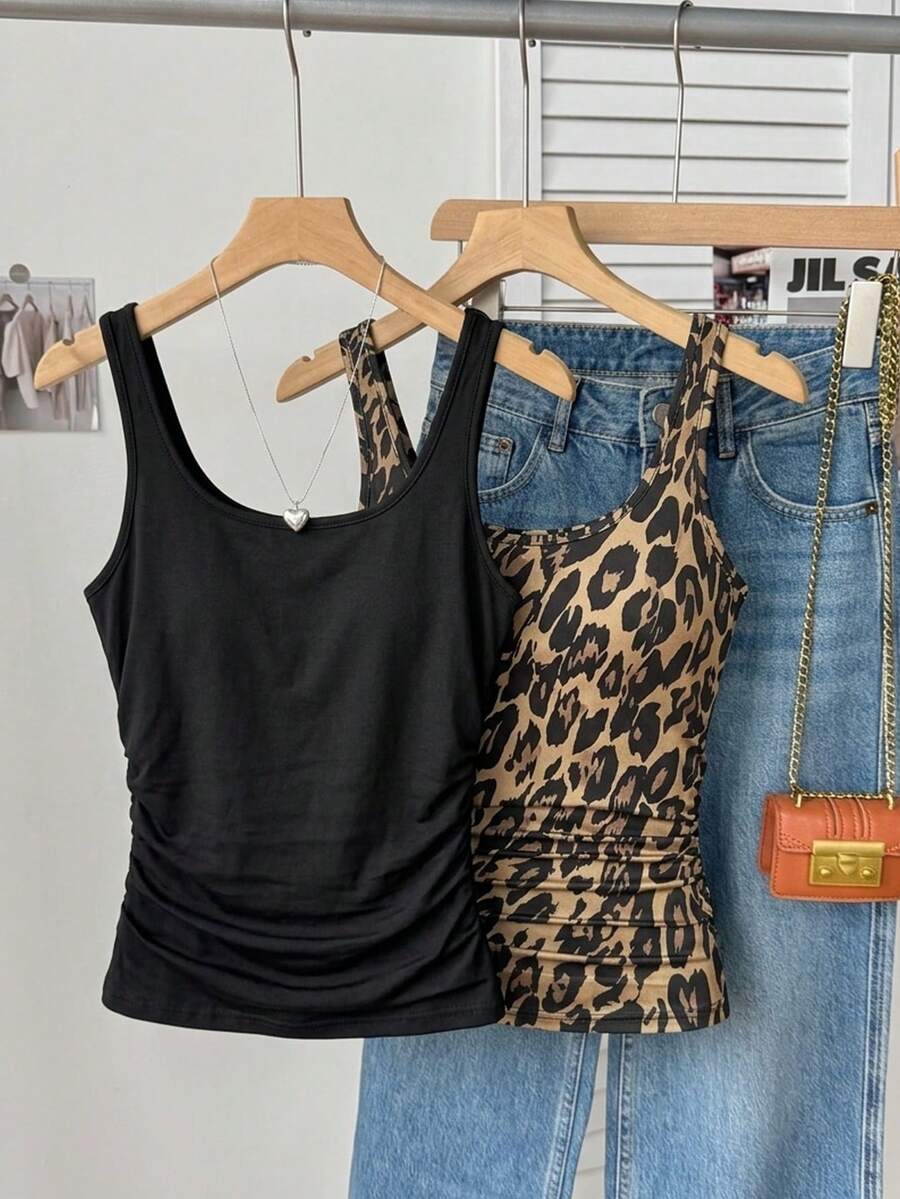 SHEIN Essnce Conjunto de top de tirantes ajustado con cintura fruncida y estampado de leopardo negro casual para mujer, versátil para uso diario - Multicolor - Ver 1