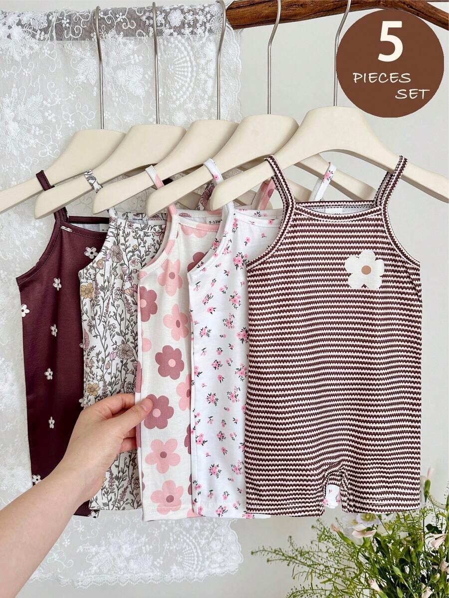 SHEIN Bộ áo liền quần 5 món cho bé gái, chất liệu dệt kim, kẻ sọc và họa tiết hoa nhí, có dây đeo. - Nhiều màu - Xem 1