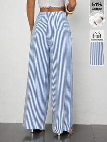 Pantalones de pierna ancha de textura de cintura alta, de estilo casual y sencillo, apropiados para ir a la escuela o para ir y venir al trabajo - Azul - Ver 6